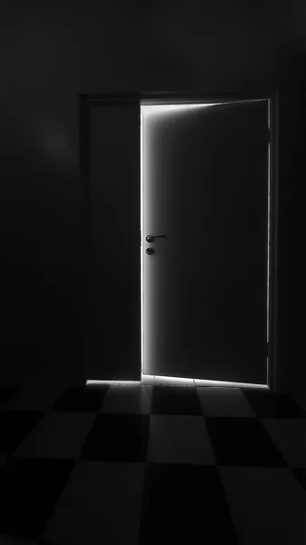 Streaming Light Coming Crack Slightly Open Door End Dark Hallway — Stock Photo, Image