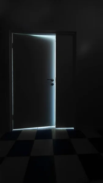 Streaming light coming through a crack in a slightly open door at the end of a dark hallway representing hope and opportunity just beyond the door. Light in dark room, open gate , ajar door.