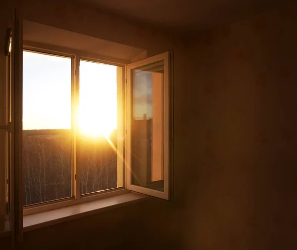 Vista Incrível Janela Nascer Sol Floresta Pôr Sol Windows Época — Fotografia de Stock