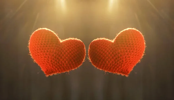 太陽に対する冬の森の中の2つの愛の心 2バレンタインデーのための赤いニットの心 — ストック写真