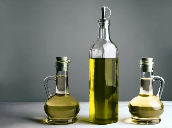 Set Vegetable Olive Oil Glass Bottles Isolated Background Collection Three — Stock Photo, Image