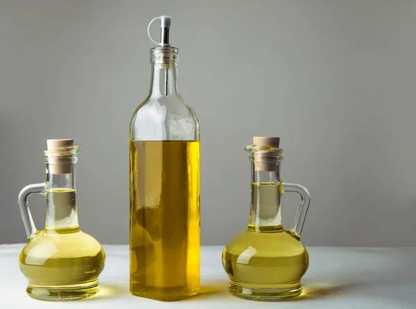 Set Vegetable Olive Oil Glass Bottles Isolated Background Collection Three — Stock Photo, Image