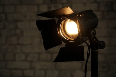 Tripodun üzerindeki stüdyo flaşı. Profesyonel kullanım için fotoğrafçılar tarafından titreşen ışık. Spotlight ve Lambalı Fotoğraf Stüdyosu Işıklandırma Ekipmanı