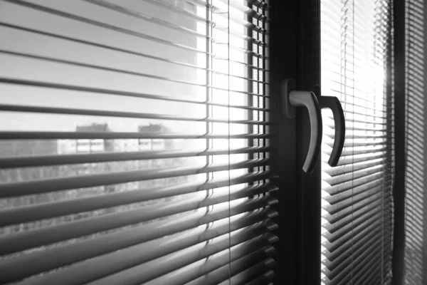 closed window with jalousie, blinds at the summer. window frame, sun rays and bright sunlight.  living room. empty copy space.