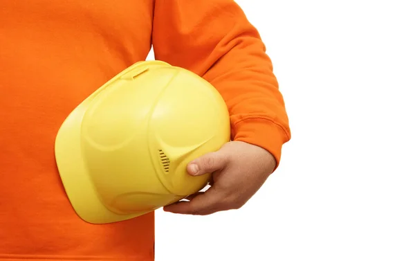 Trabajador Ingeniero Que Sostiene Casco Amarillo Mano Sobre Fondo Aislado —  Fotos de Stock