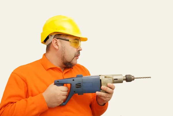 Middle Age Male Orange Uniform Yellow Helmet Hard Working Holding — Stockfoto