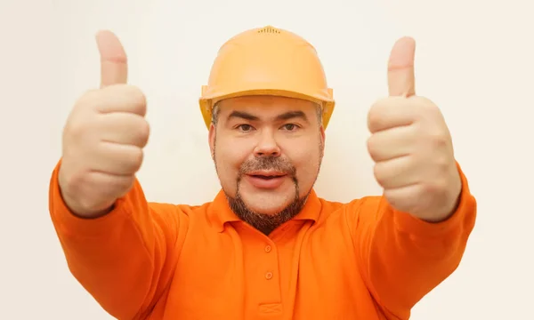 Happy Builder Man Showing Thumbs Wearing Orange Sweatshirt Yellow Helmet — Stock Photo, Image