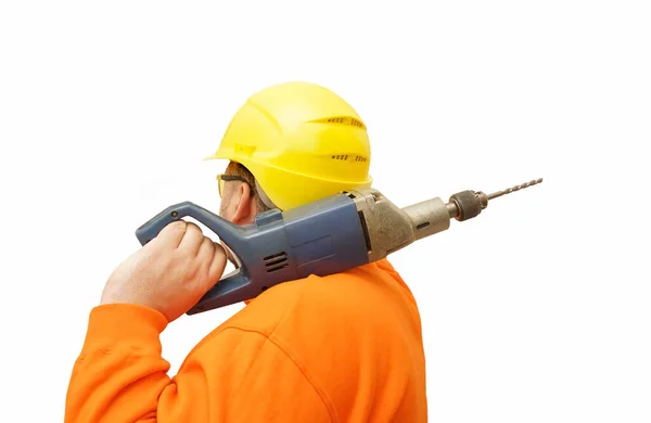 Male Builder Holding Shoulder Big Electric Drill Worker Man Isolated — Stock Photo, Image