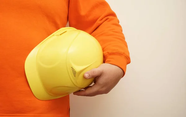 Worker Engineer Holding Yellow Helmet Hand Isolated Background Face — Stock Photo, Image