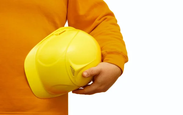 Pracownik Lub Inżynier Trzymający Ręku Żółty Kask Izolowanym Tle Brak — Zdjęcie stockowe