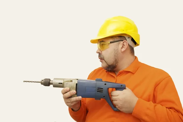 Macho Mediana Edad Uniforme Naranja Casco Amarillo Trabajando Duro Sosteniendo —  Fotos de Stock