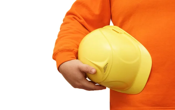 Pracownik Lub Inżynier Trzymający Ręku Żółty Kask Izolowanym Tle Brak — Zdjęcie stockowe