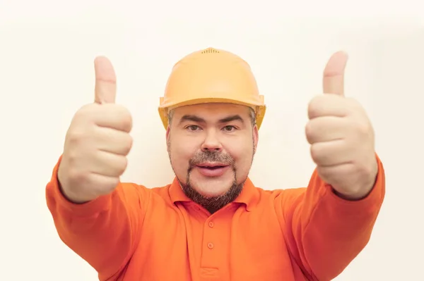 Happy Builder Man Showing Thumbs Wearing Orange Sweatshirt Yellow Helmet — 图库照片