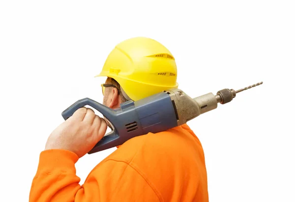Male Builder Holding Shoulder Big Electric Drill Worker Man Isolated — Stock Photo, Image
