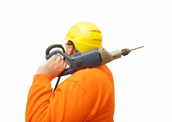 Male Builder Holding Shoulder Big Electric Drill Worker Man Isolated — Stock Photo, Image