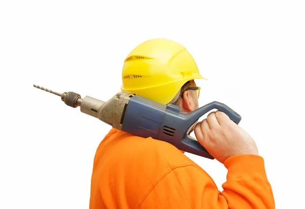 Male Builder Holding Shoulder Big Electric Drill Worker Man Isolated — Stock Photo, Image