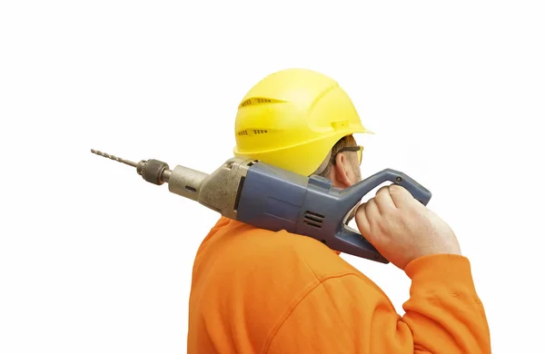 Male Builder Holding Shoulder Big Electric Drill Worker Man Isolated — 图库照片