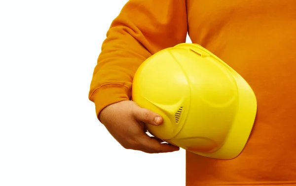 Worker Engineer Holding Yellow Helmet Hand Isolated Background Face — 图库照片