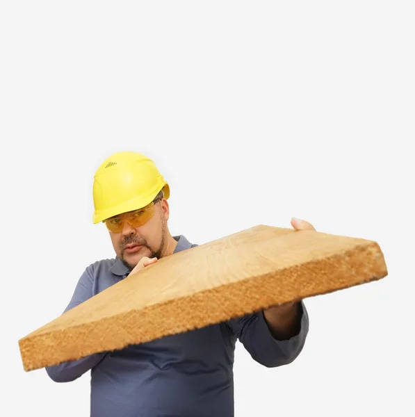 Builder Man Yellow Helmet Holds Board Two Hands Isolated White — 图库照片