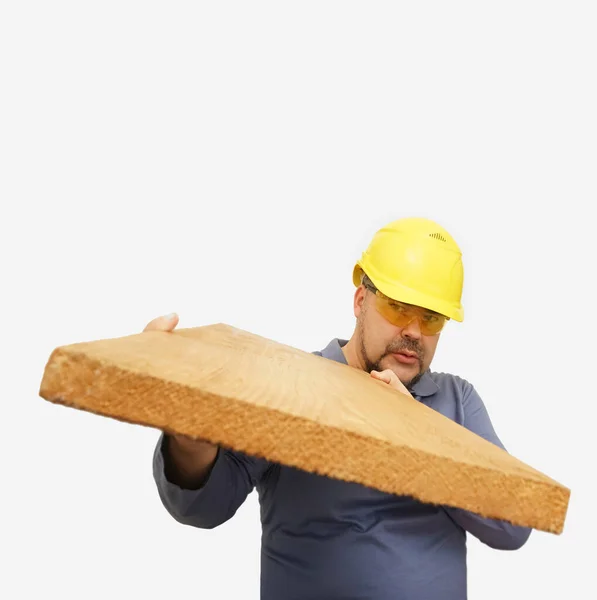 Builder Man Yellow Helmet Holds Board Two Hands Isolated White — Stockfoto