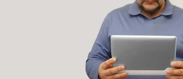 Detail Bearded Man Using Gray Tablet Computer Isolated White Background — Stock Photo, Image