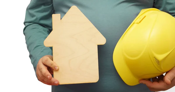 Builder Man Holding Hands Yellow Helmet Wooden Sign House Isolatedd — 图库照片