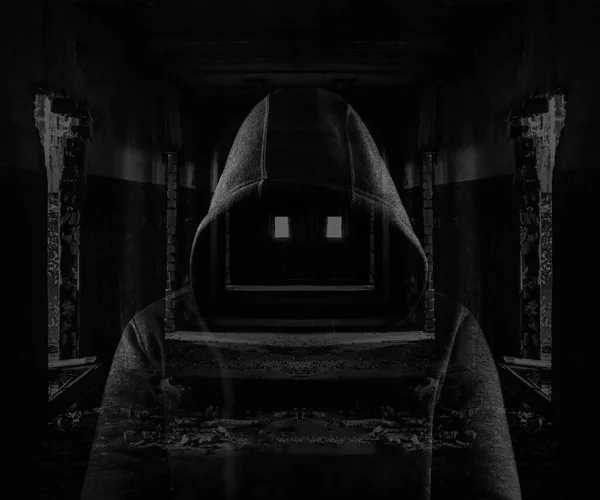 Anonymous Man Dark Hood Standing Abandoned Corridor Face Unrecognizable Person — Stock Photo, Image