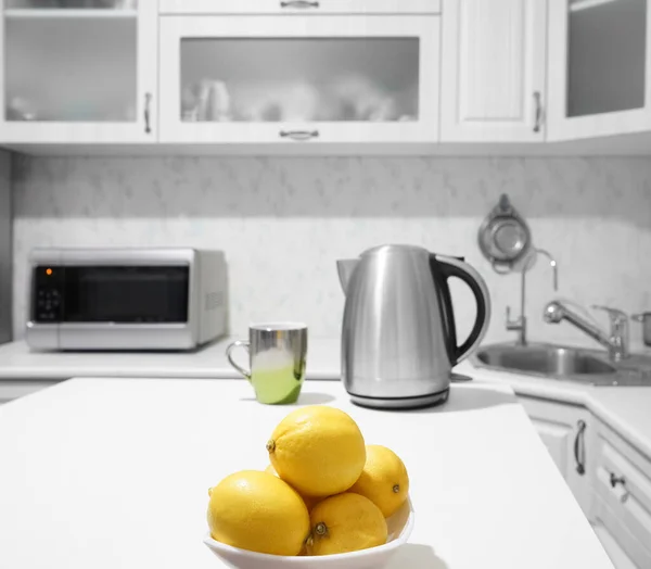 Iron Teapot Cup Tea Lemons Plate Kitchen Background Kitchen Interior — Stockfoto