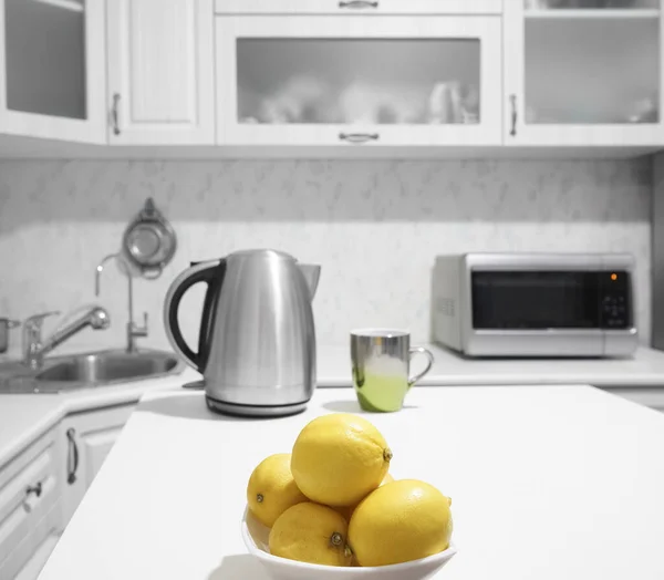 Iron Teapot Cup Tea Lemons Plate Kitchen Background Kitchen Interior — Foto de Stock