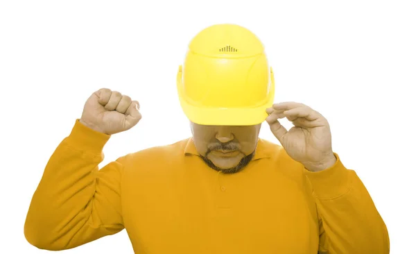 Middle Aged Male Construction Worker Making Hard Gesturing Fist Unity — стоковое фото