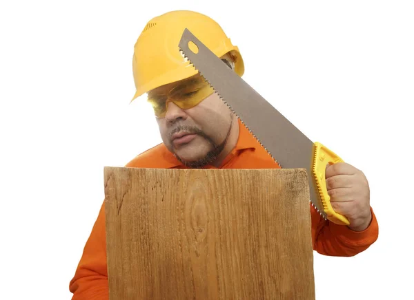 Mann Mit Schutzhelm Gelber Mütze Handsäge Isoliert Auf Weißem Hintergrund — Stockfoto