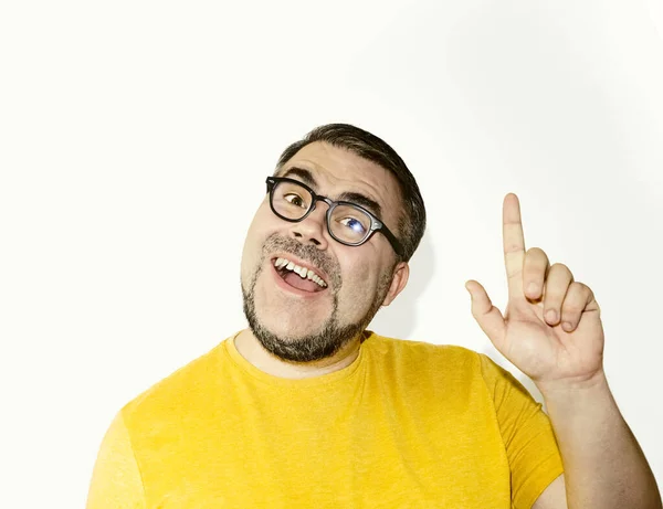 Portrait Happy Positive Cheerful Young Man Glasses Standing Isolated White — Foto de Stock