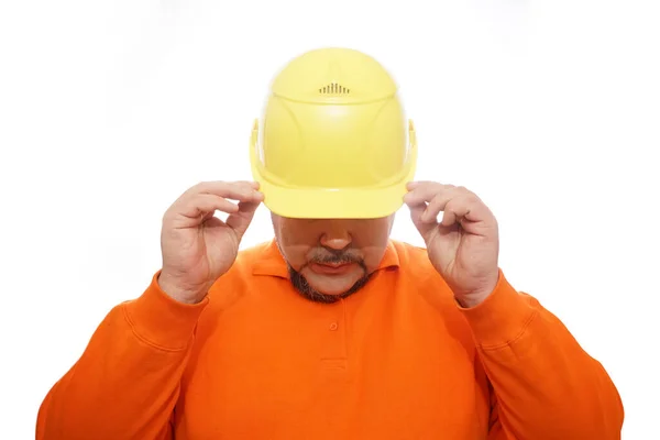 Man Sweatshirt Looks Visor Yellow Helmet — Stockfoto