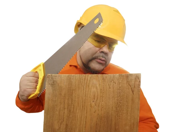 Man Protective Helmet Yellow Hard Hat Hold Hand Saw Isolated — 图库照片