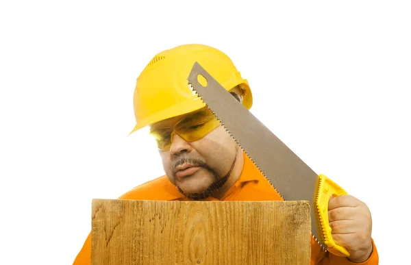 Man Protective Helmet Yellow Hard Hat Hold Hand Saw Isolated — Stock Photo, Image