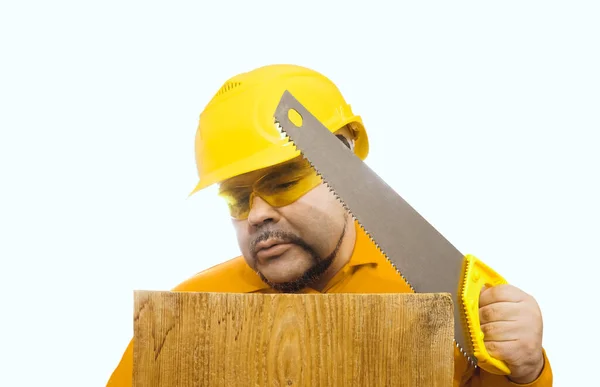 Muž Ochranné Přilbě Žlutý Pevný Klobouk Držet Ruční Pilu Izolované — Stock fotografie