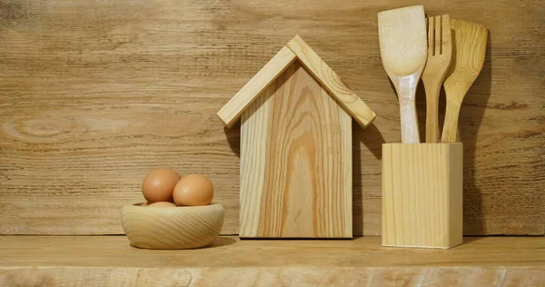 Modern Composition Kitchen Interior Sign Wooden House Eggs Kitchen Cutlery — Stockfoto