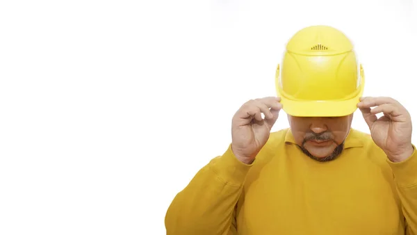 Man Sweatshirt Looks Visor Yellow Helmet — Stock Fotó