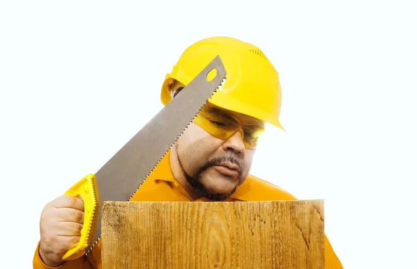 Man Protective Helmet Yellow Hard Hat Hold Hand Saw Isolated — Stock Photo, Image