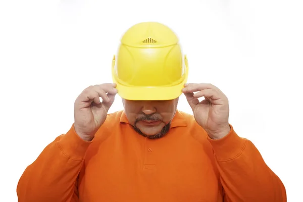Man Sweatshirt Looks Visor Yellow Helmet — 스톡 사진