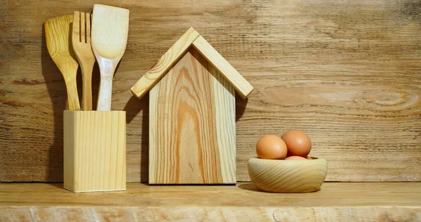 Modern Composition Kitchen Interior Sign Wooden House Eggs Kitchen Cutlery — Stockfoto