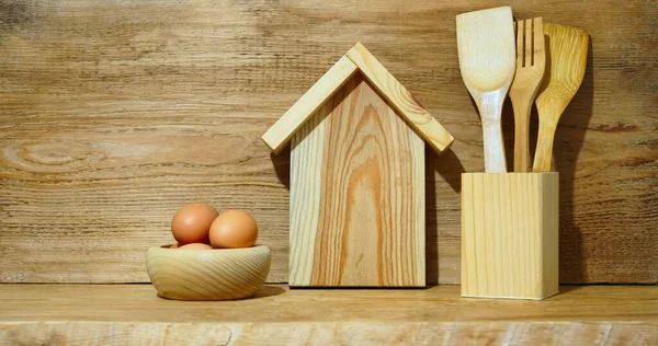Modern Composition Kitchen Interior Sign Wooden House Eggs Kitchen Cutlery — Fotografia de Stock