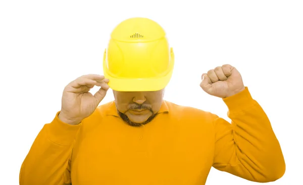 Middle Aged Male Construction Worker Making Hard Gesturing Fist Unity — Stockfoto