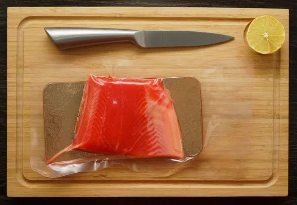 Salmon Fillet Cutting Board Salmon Wooden Table Top View Copy — 图库照片