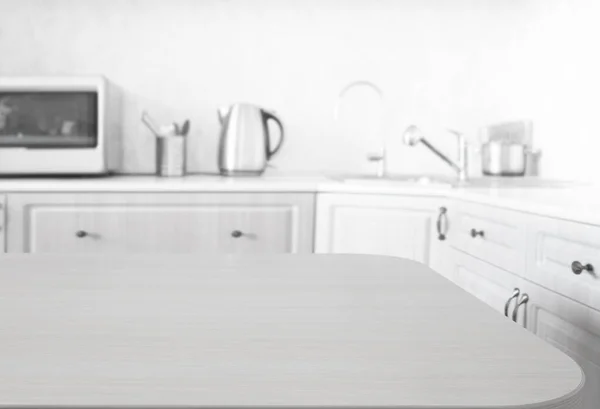 Empty Kitchen Wooden Surface Foreground White Modern Countertop Drawers Microwave — Stockfoto