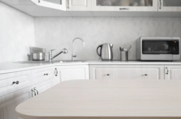 Empty Kitchen Wooden Surface Foreground White Modern Countertop Drawers Microwave — Stockfoto