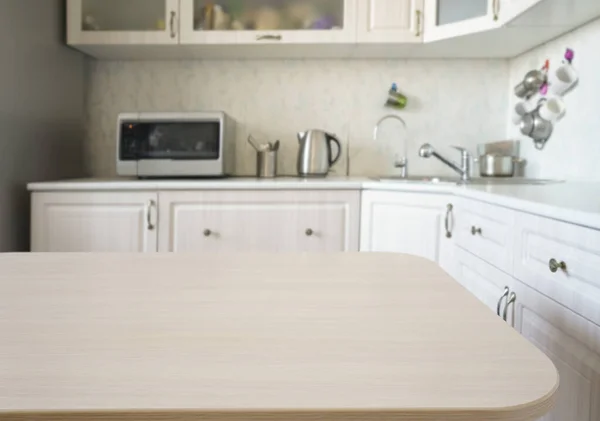 Empty Kitchen Wooden Surface Foreground White Modern Countertop Drawers Microwave — Stockfoto