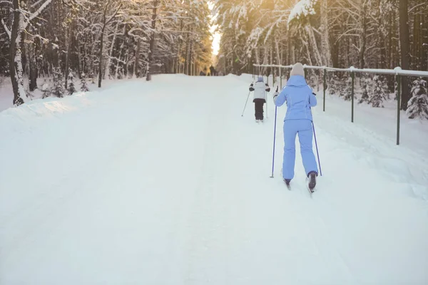 Μητέρα Και Κόρη Διασχίζουν Χώρα Σκι Πίσω Οπίσθια Όψη — Φωτογραφία Αρχείου