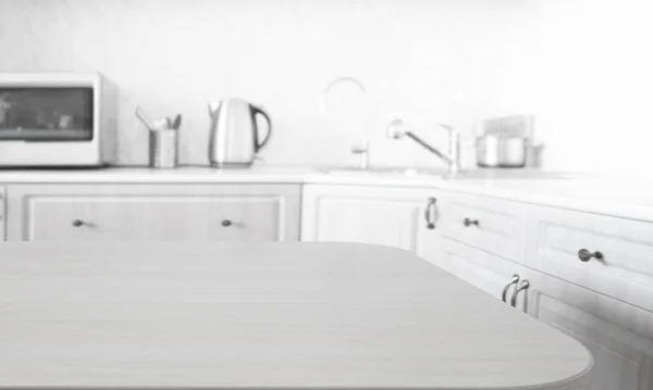 Empty Kitchen Wooden Surface Foreground White Modern Countertop Drawers Microwave — Zdjęcie stockowe
