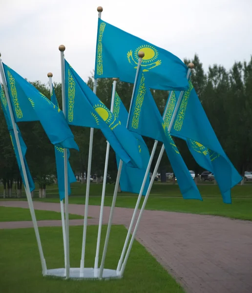 Many Kazakhstan National Flags Background Summer Park Nur Sultan Astana — Foto de Stock